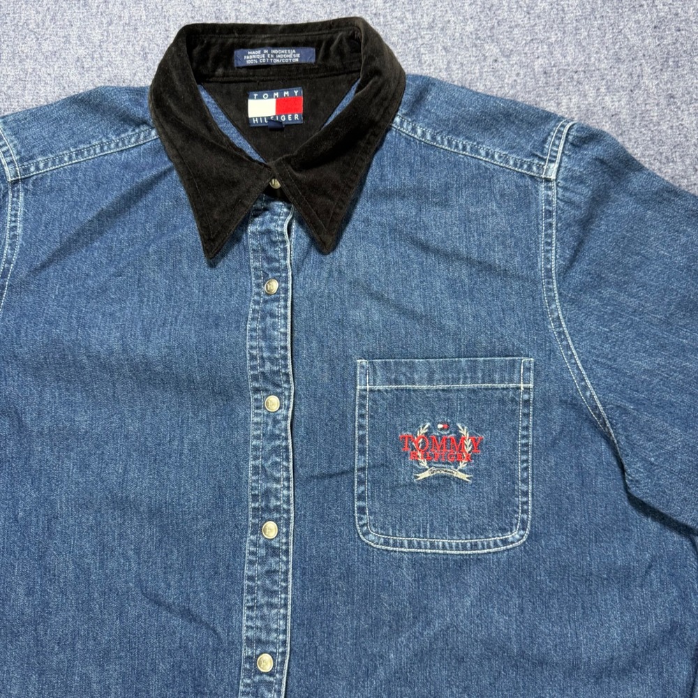 Tommy Hilfiger Vintage Denim Shirt Women 14 Blue Corduroy Collar Snap Front